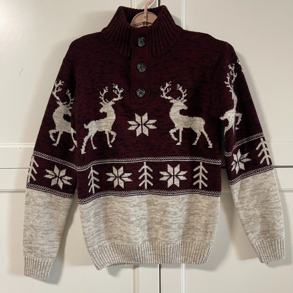 Amongst Others Mens Reindeer Fair Isle Mock Neck Button Sweater Burgundy Medium